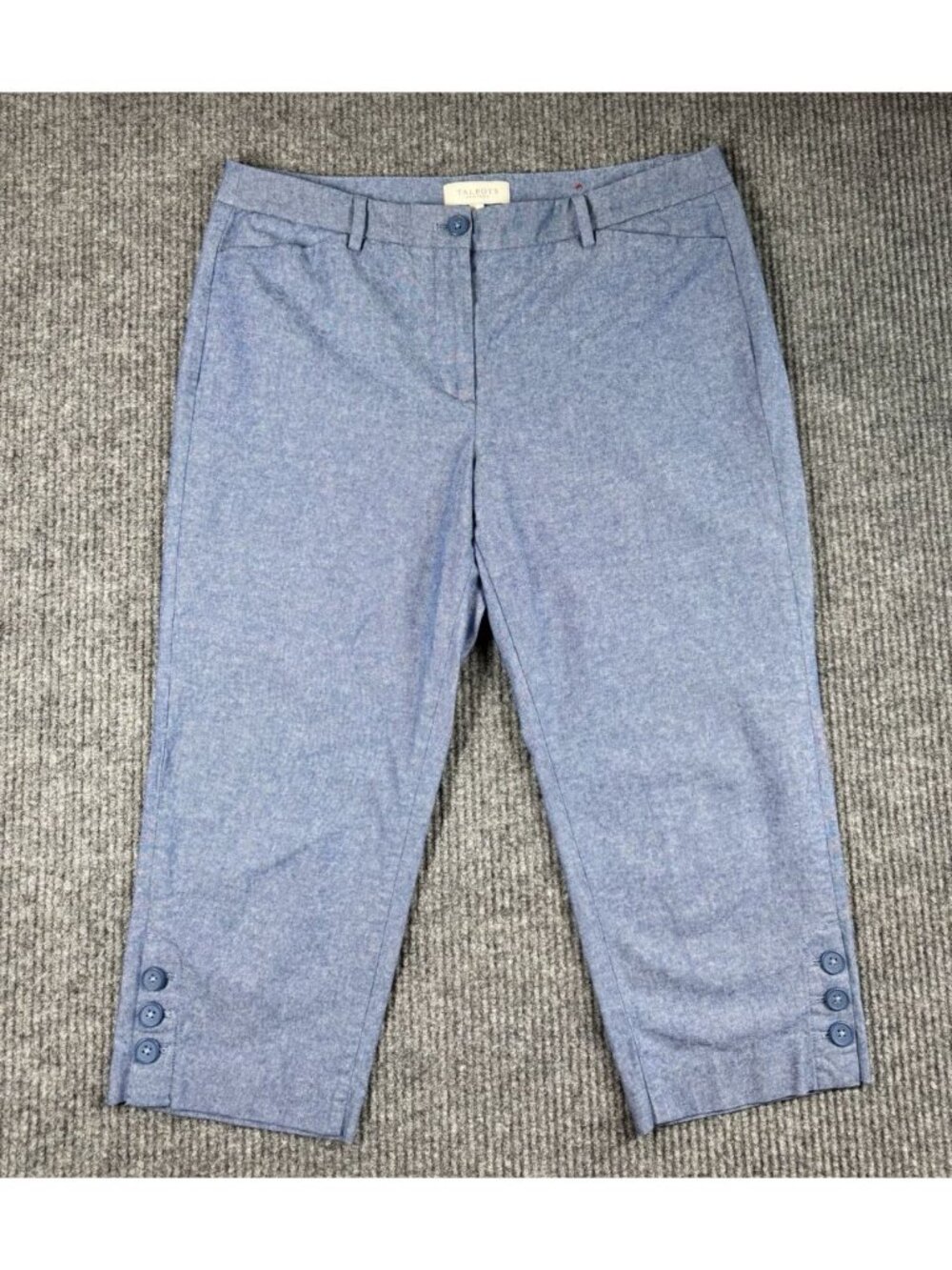 Talbots The Perfect Crop Pants Womens 12P Blue Chambray Button Hem Straight Leg